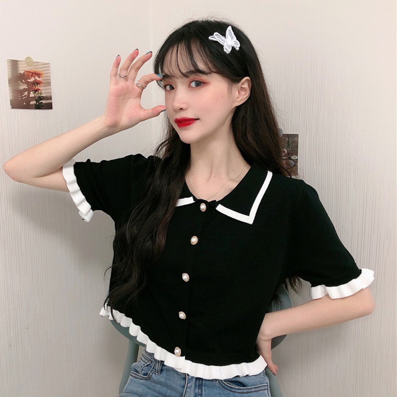 [Diskon Spesial] Crop top rajutan kaos lengan pendek wanita Korea