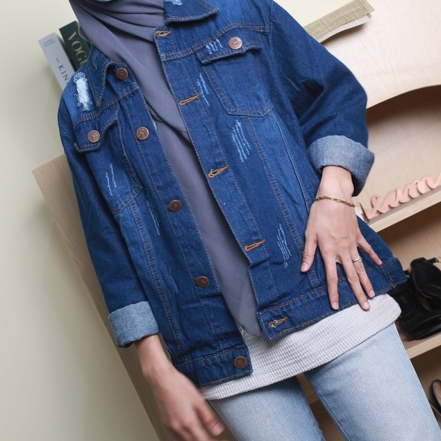 HOPYLOVY - Jaket Jeans Oversize Wanita Model Sobek Karina Ripped Biru Tua