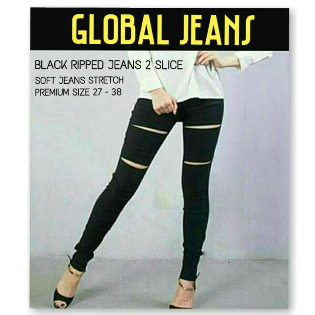 Celana Jeans Wanita Sobek Jumbo Hitam 2 Slice / Black Ripped Jeans 2 Slice / Jeans Sobek Hitam