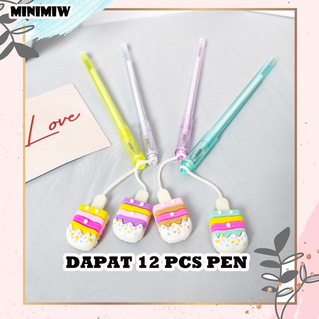 SELUSIN PULPEN GANTUNGAN ES KRIM ISI 12 PCSKARET GEL PEN ICE CREAM BOLPEN PENA MAKANAN