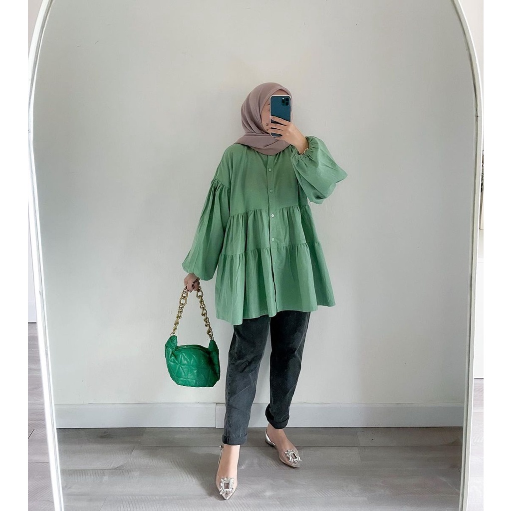 Kyana Blouse Basic Kemeja Katun Linen Oversize Atasan Shirt Wanita Lengan Panjang