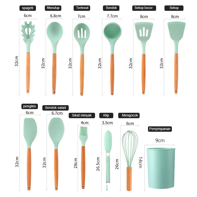 KAGK 12pcs Silikon Spatula Tahan Panas Silikon Spatula Masak Set Silicon Gagang Kayu Alat dapur