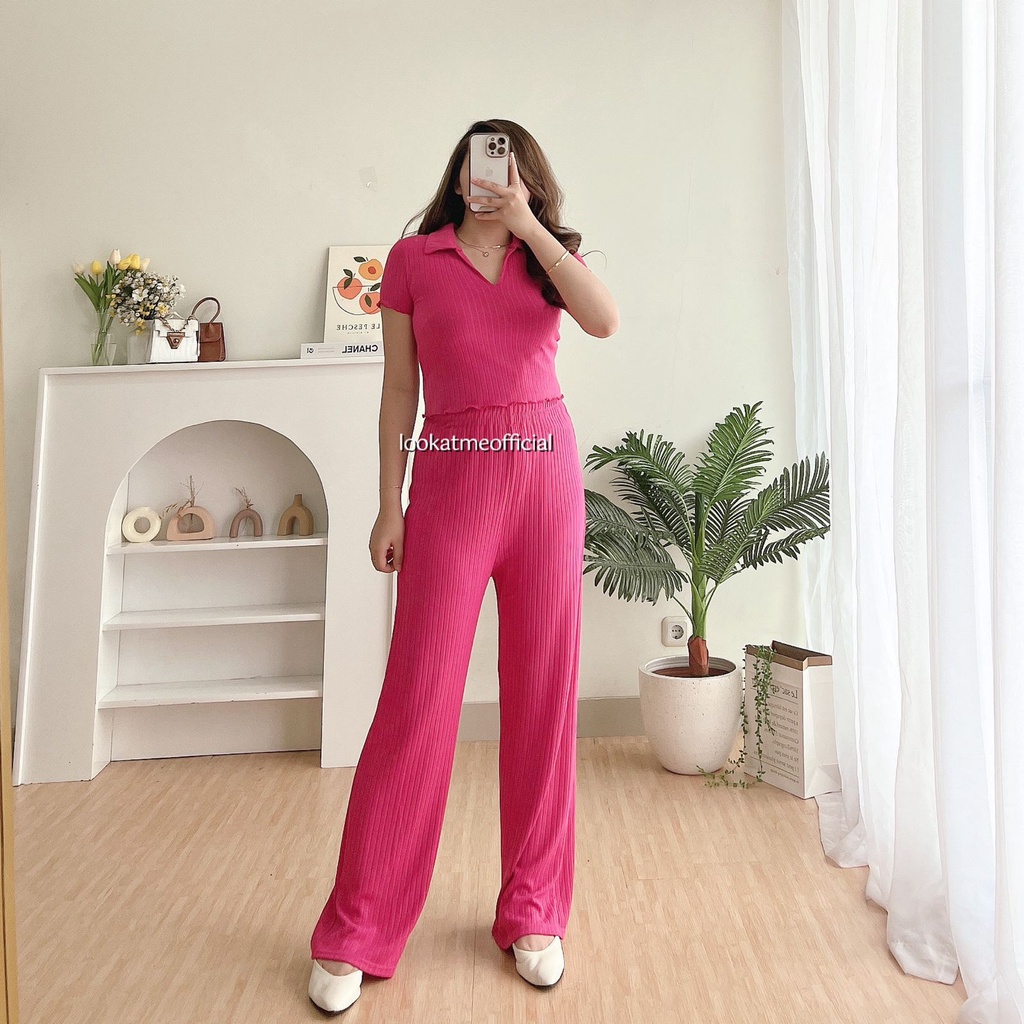 lookatmeofficial - Erika Knit Set - Setelan Wanita 2in1 Polo Top + Pants Bahan Knit Premium