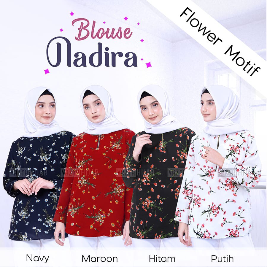 NADIRA Blouse Wanita Muslimah Lengan Panjang Motif Bunga Bahan Monalisa - Atasan Wanita Dewasa