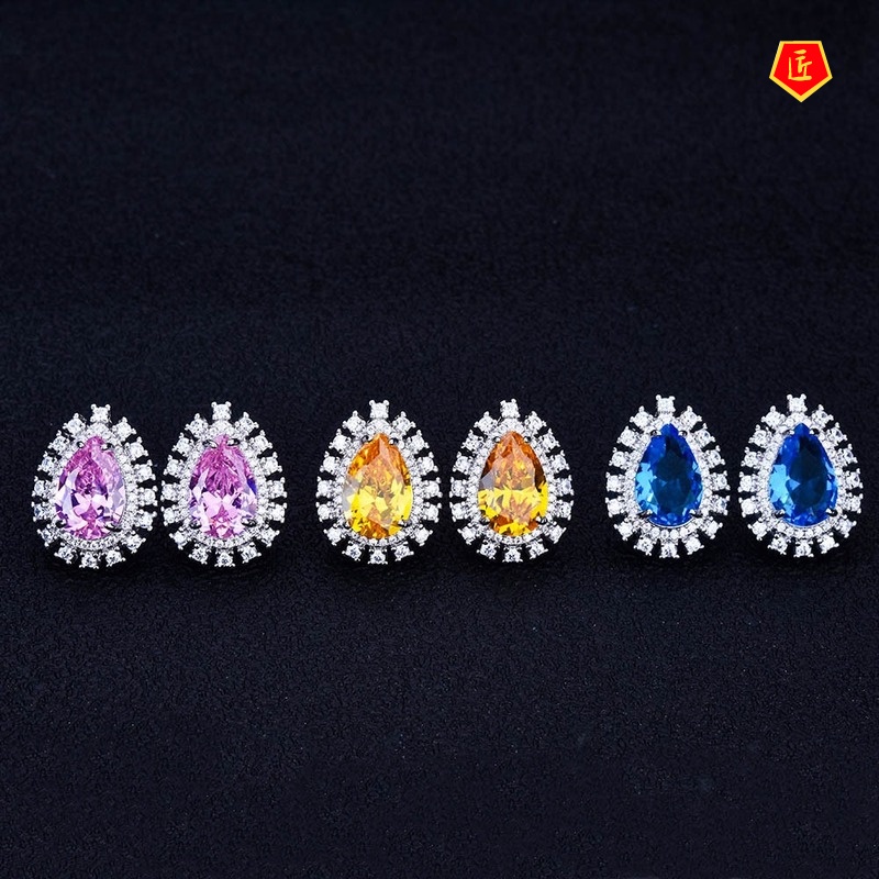 [Ready Stock]New Luxury Colored Gems Set Female Stud Earrings Necklace