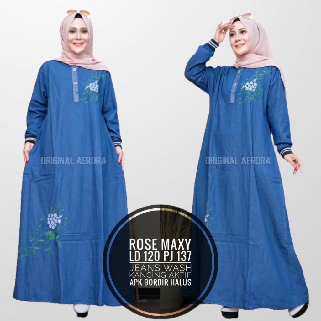 Baju Gamis Dress Jeans Jins Denim Jumbo Wanita Terbaru 2023 Kondangan Busui Bordir Bunga Lengan Rib Premium Kekinian Ld 120 P 137 Rose Maxy Allsize