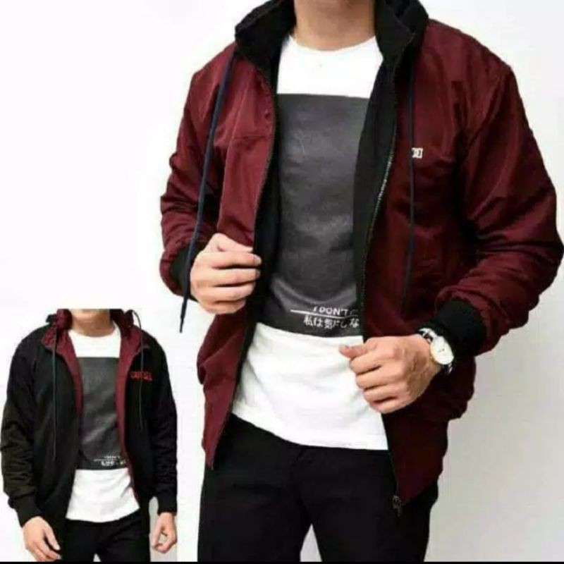 Jaket hoodie bomber bolak balik / jaket kekinian / jaket bomber