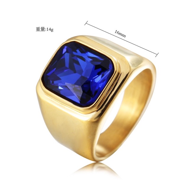 Cincin Pria Titanium 316L Gold Batu Akik Safir Biru Blue Saphire Octagon Minimalis High Quality