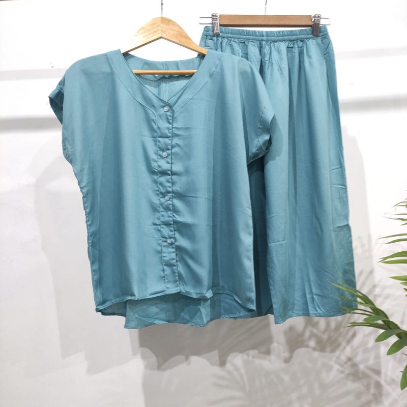 PIYAMA POLOS KANCING | PIYAMA BUSUI | BAJU SANTAI MURAH | HOMEDRESS MURAH | HOMEWEAR MURAH-VN 7/8 BIRU TOSCA