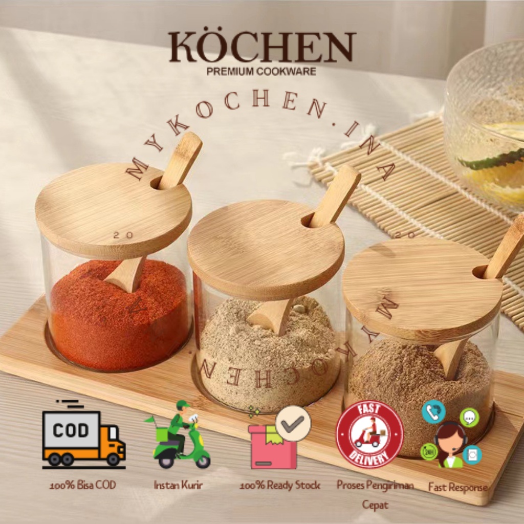 MYKOCHEN.INA Tempat Bumbu Dapur SET 3pcs Free Sticker Free Sendok Botol Bumbu Dapur Wadah Bumbu Dapur Gula Garam Kaldu Kopi Teh Multifungsi Kaca Neron Glass Bamboo Jar Toples Transparan Gaya Jepang Aesthetic Nordic Scandinavian Bambu Kayu Canister