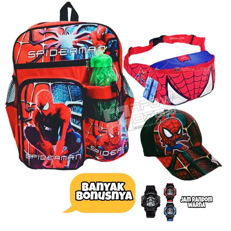 Tas anak ransel karakter spiderman gratis tas selempang topi jam botol minum - tas anak