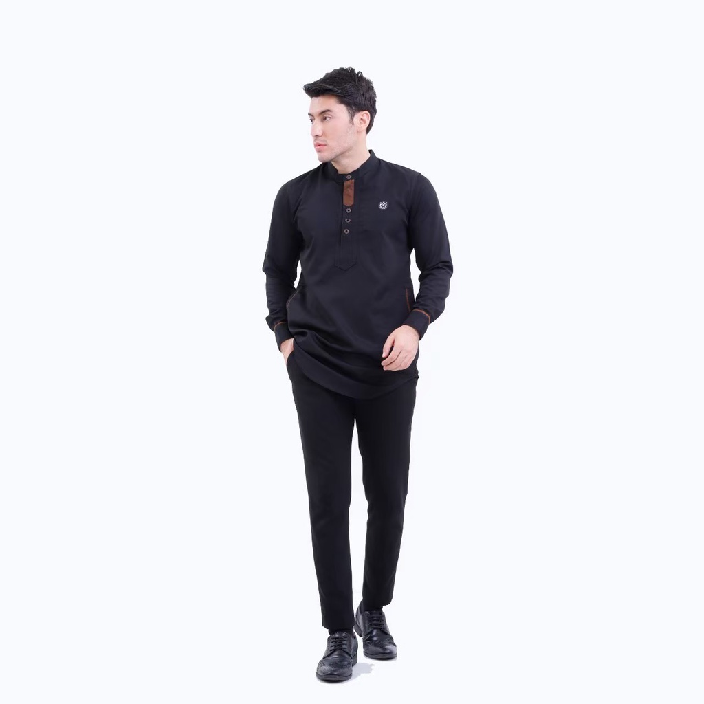 PROGRESS MAN baju koko pria lengan panjang koko kurta pangsi kemeja koko pria lengan panjang koko kurta pangsi baju kurta pangsi dewasa logo bordir Hitam P4N9S104