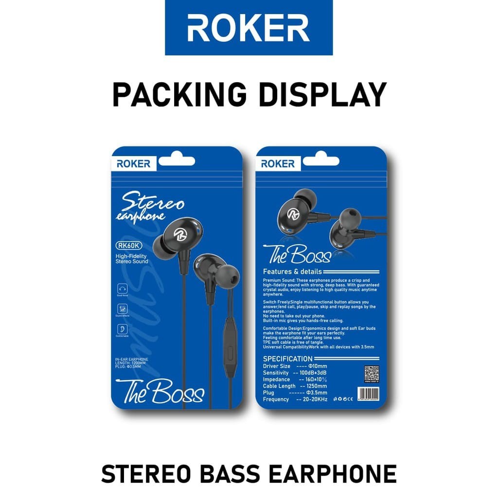 Roker THE BOSS RK60K Headset High Stereo Sound In-Ear Earphone Switch Freely