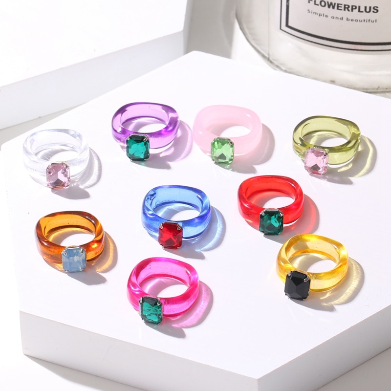 Transparent Resin Acrylic Rhinestone Colorful Geometric Square Round Rings for Women Girls Jewelry Party Gifts