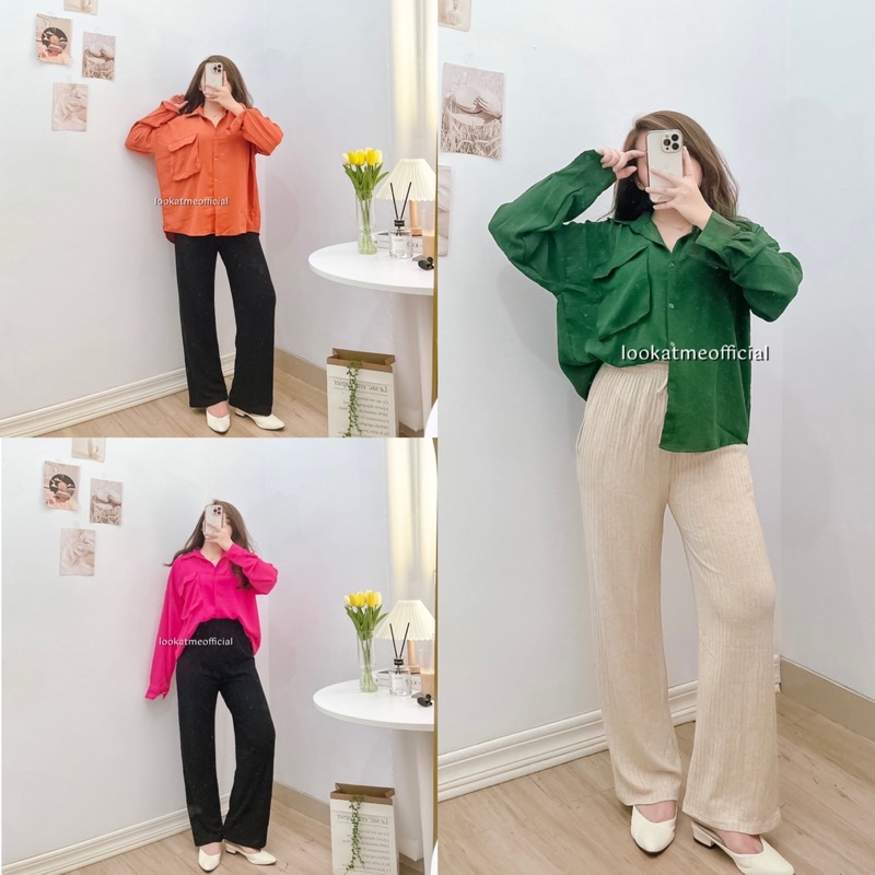 lookatmeofficial • Chloe Pocket Shirt - Atasan Kemeja Blouse Wanita Loose Oversize Bahan Crinkle