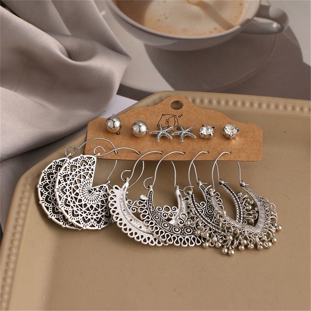 Top 6pasang Drop Menjuntai Anting Set Vintage Gaya Nasional Bronze Waterdrop Bohemian Earrings