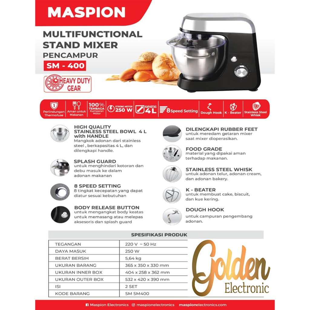 MASPION Multifunctional Stand Mixer SM-400 (4 Liter) Stainless