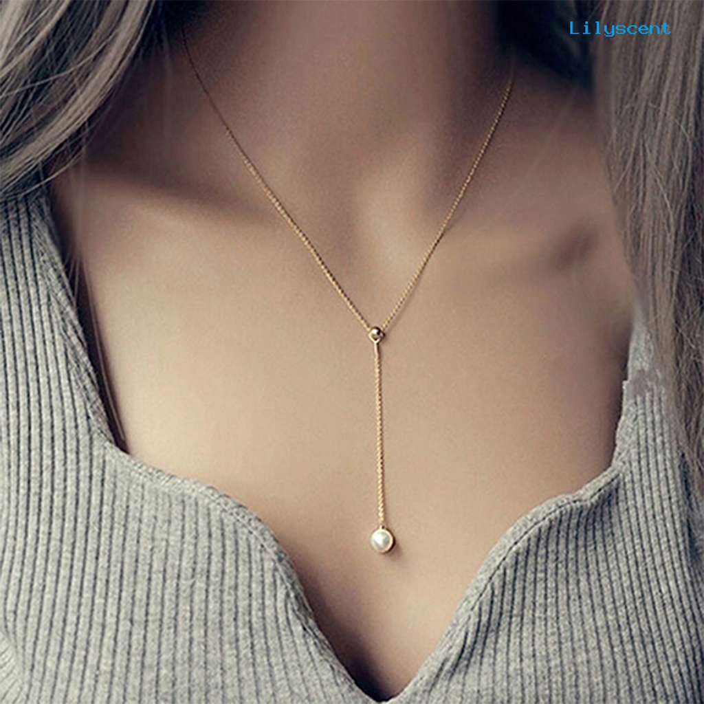 Kalung Rantai Liontin Mutiara Imitasi Adjustable Untuk Wanita