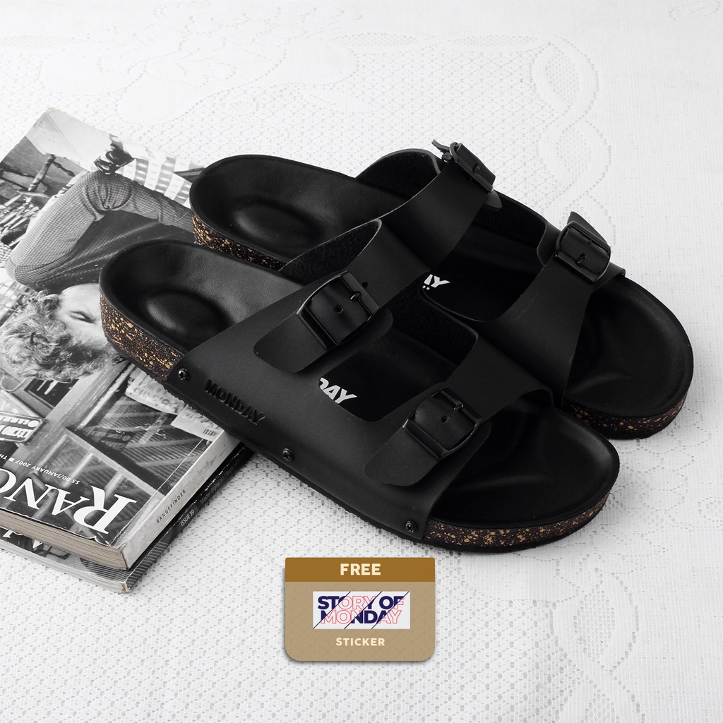 story of monday   yuno full black sandal casual pria sendal main kasual modern gaul ori original lak