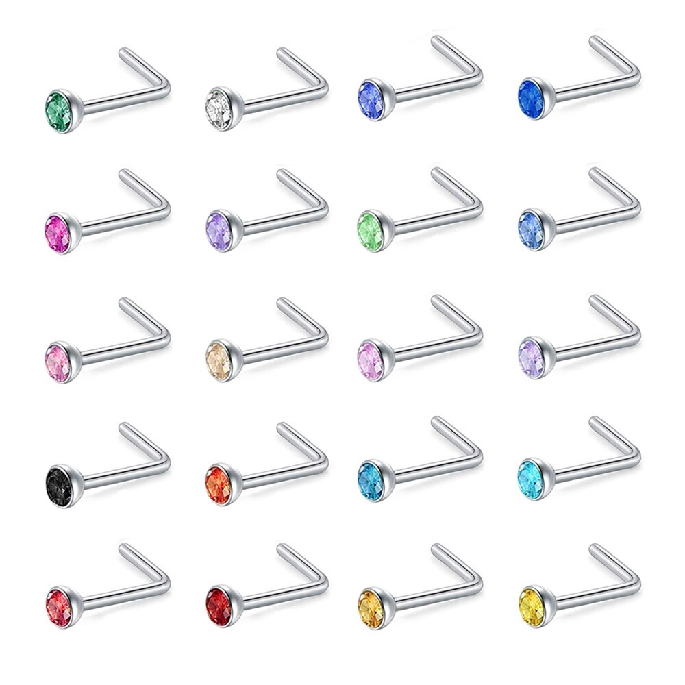 20pcs / Lot Cincin Tindik Hidung Bahan Stainless Steel Kristal Warna-Warni 20g