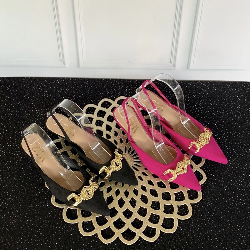 Short heels stripe back by zara suede with chain ZR Import high quality fashion shoes sandal hak ren