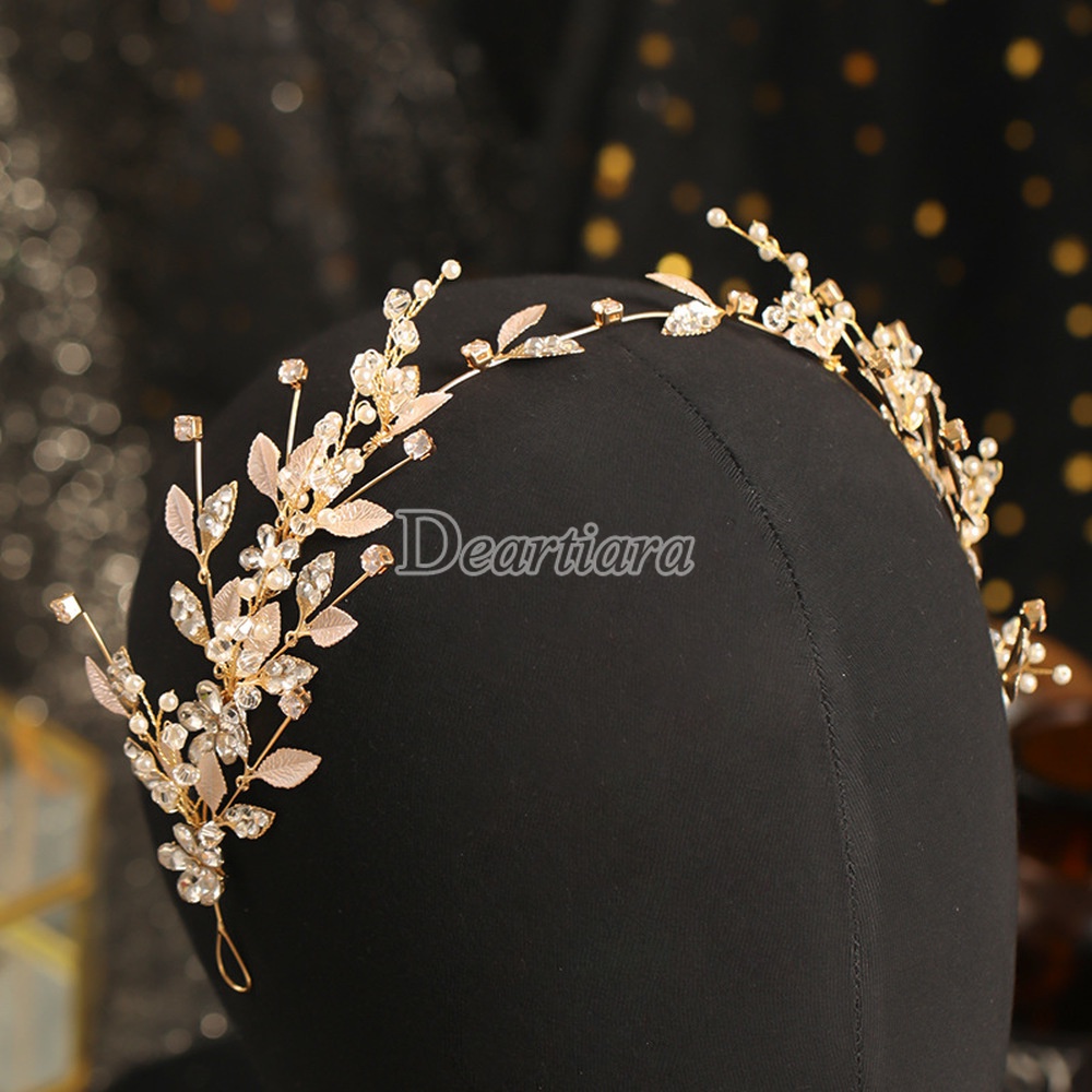 Original Bridal Headgear European and American Leaf Crystal Headband Earrings Set