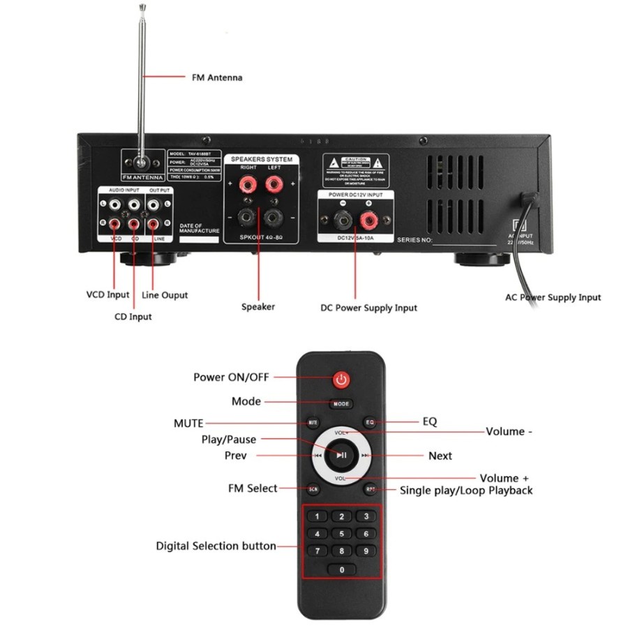 Sunbuck Bluetooth EQ Audio Amplifier Home Theater FM 2000W - TAV-6188 - Black