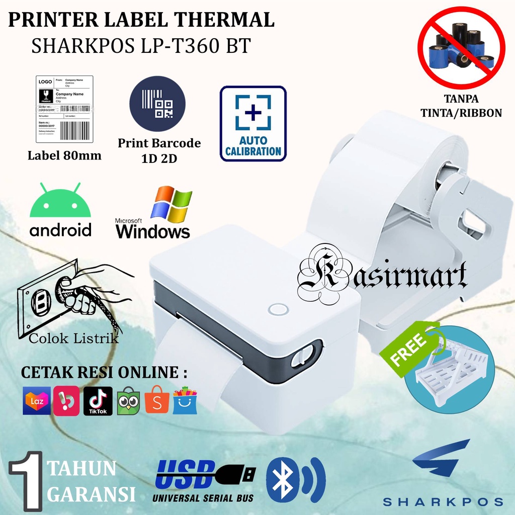 Sharkpos LPT360 Printer Barcode Label Thermal Resi USB Bluetooth 80mm LP-T360 LPT 360 Cetak Stiker Pengiriman DT360 / DT-360 Free Holder