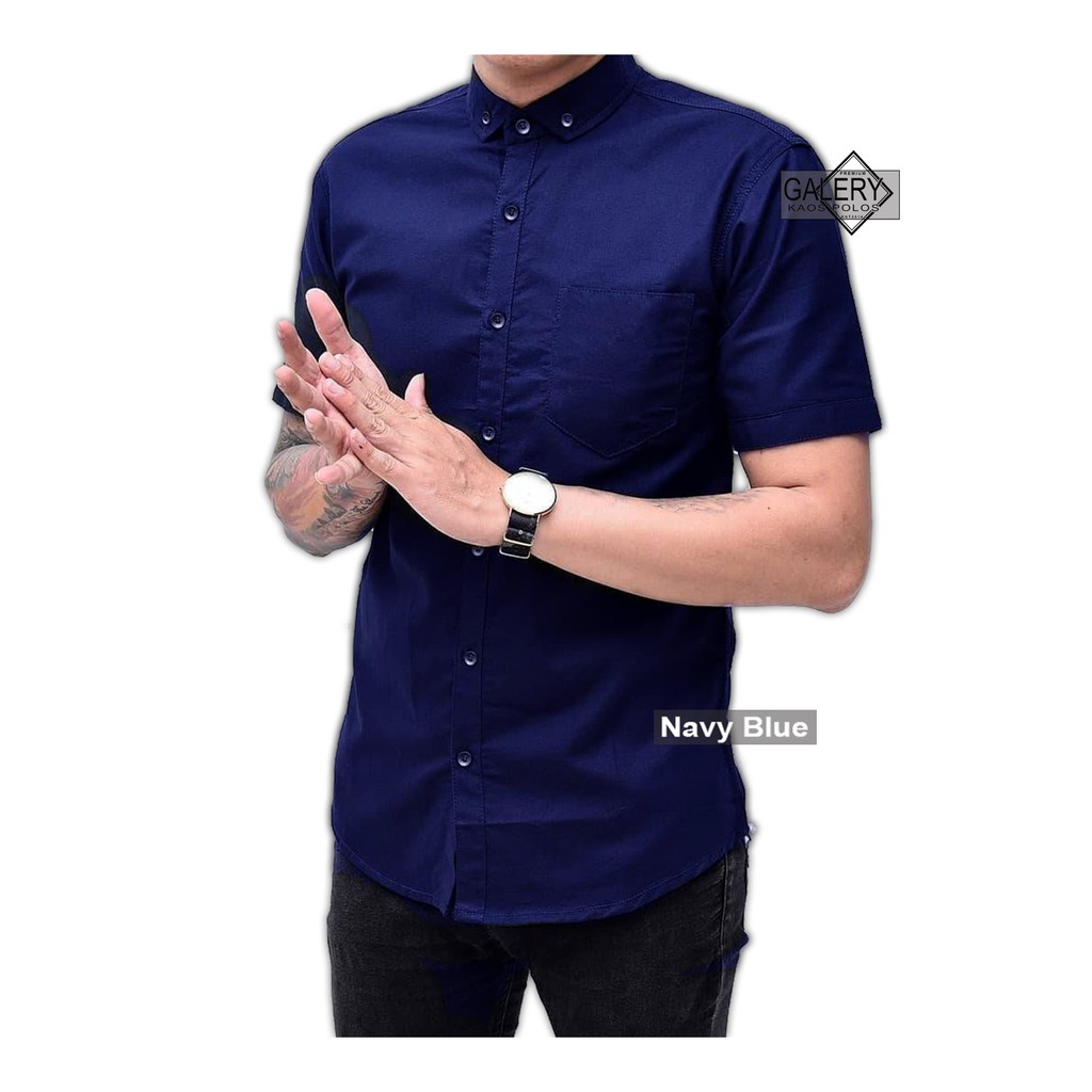 Kemeja Pria/Cowo Kantor Katun Size M.L.XL Kasual Lengan Pendek Polos Navy Blue Post Mode