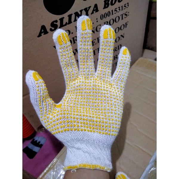 Sarung tangan putih dot kuning bintik benang 4 per lusin 550gr