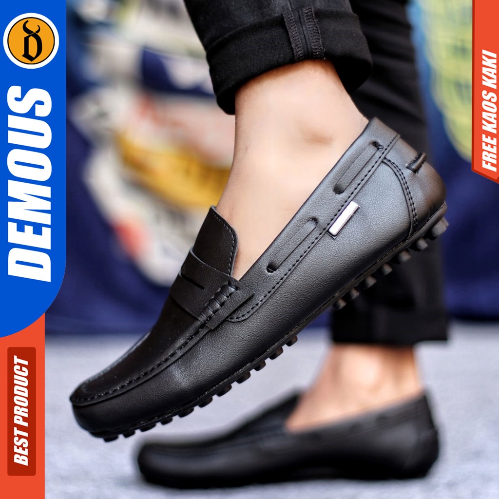 Sepatu Slip on Pria Santai Casual Formal Kulit Syntetic Kerja Kantor Kuliah Kondangan Hitam Keren Terbaru