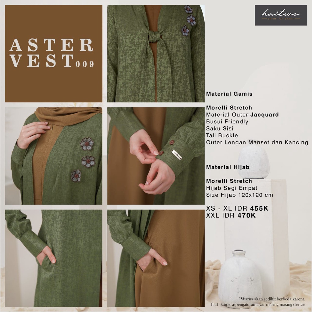 Hai Two Aster Vest 009 Bahan Morelli Stretch Gamis set Outer dan hijab syar'i Casual syar;i OOTD