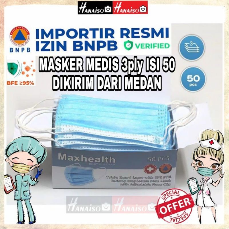 Termurah MEDAN HANAISO MASKER 3PLY ISI 50 pcs WAJAH BEDAH SURGICAL MASK MASK MEDIS RESMI BNPB Sense Sensi