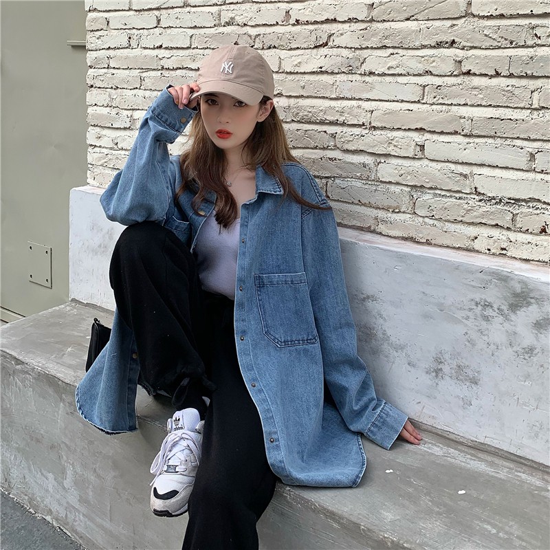 Korea style baru jaket kemeja denim atasan oversize denim wanita lengan panjang jaket atasan wanita