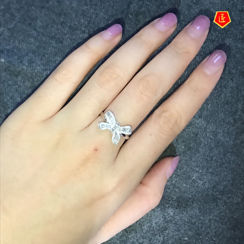 [Ready Stock]Bow Ladder Square Zircon Ring Beautiful Luxury Temperament Female