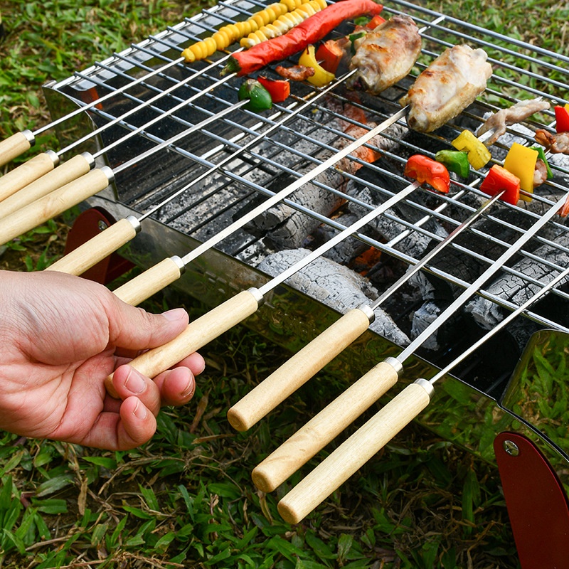 Alat Tusuk Sate BBQ Stainless Steel / Tusukan Sate Kambing Ayam Sosis Bisa Dipakai Ulang / Alat Tusuk Sate Stainless Pemanggang BBQ Besi skewer 35cm tusukan wood