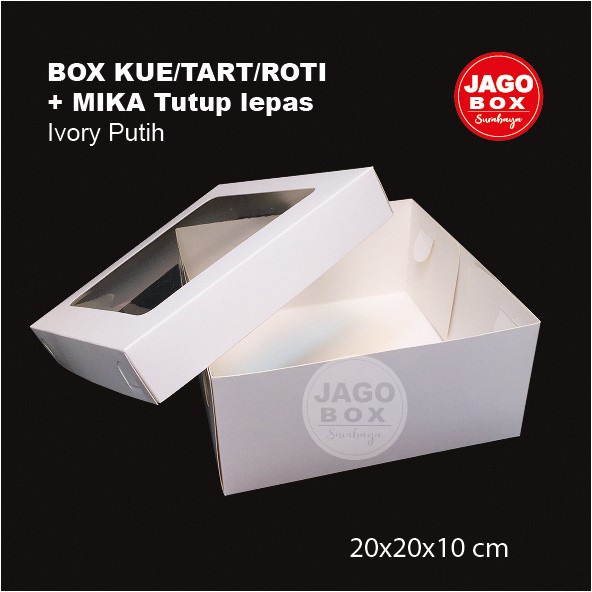 Box Kotak Kue/Tart/Roti 20x20x10 cm Tutup Lepas + Mika Ivory Putih