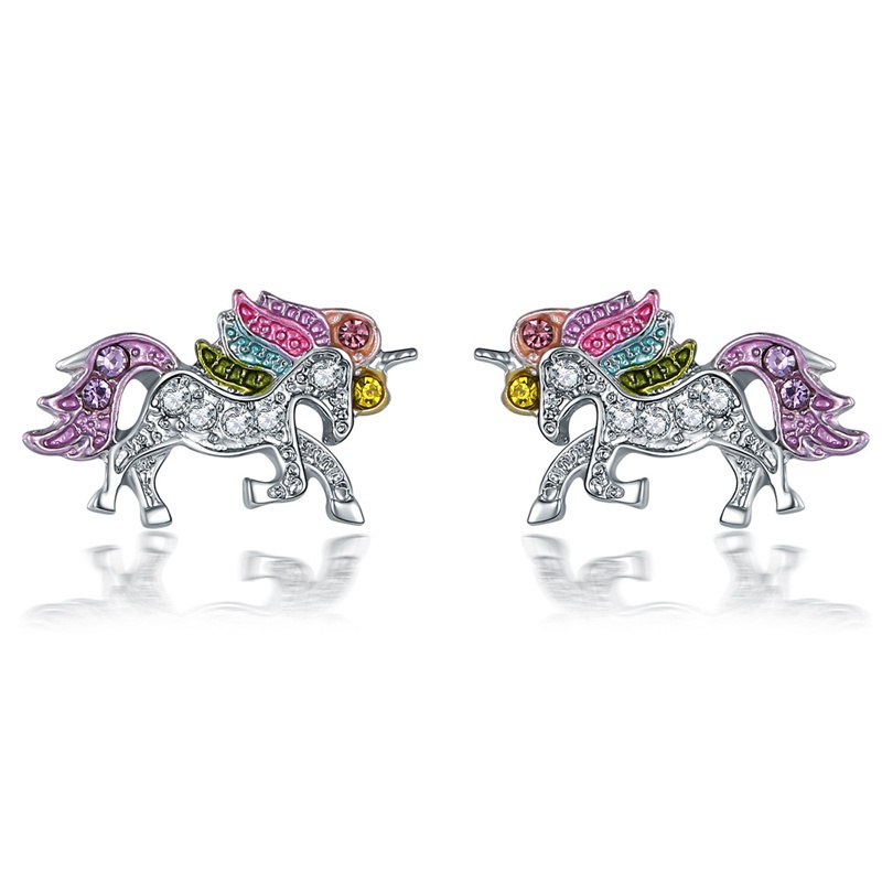 Fancyqube Anting Stud Desain Hewan Unicorn Aksen Kristal Warna-Warni Untuk Wanita