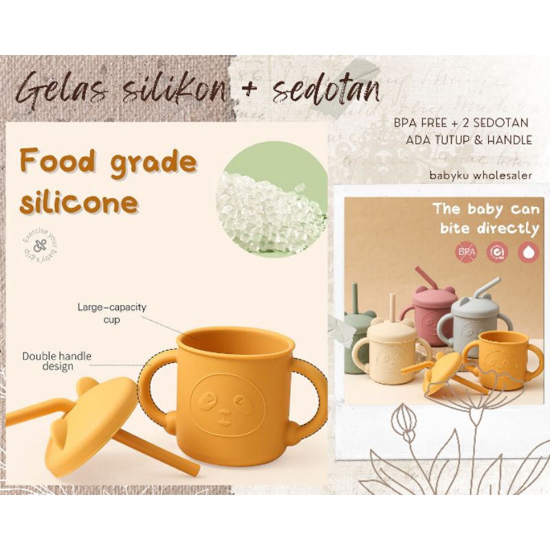 Gelas minum anak bayi silikon ada sedotan tutup dan gagang  BPA FREE / baby training cup silicone