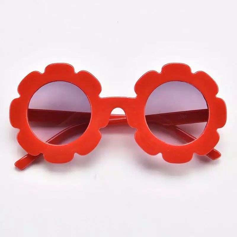 Kacamata Anak Perempuan Anti UV Bentuk Bulat Motif Bunga Gerigi/ Kacamata Hitam Anti UV Korean Style-Merah