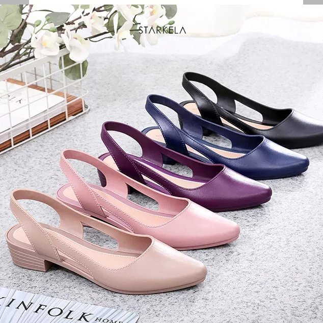Korean Style Mulut Dangkal Sepatu Jelly Bernapas Plastik Mid Low Heel Non-slip Wanita Slip-on Sendal