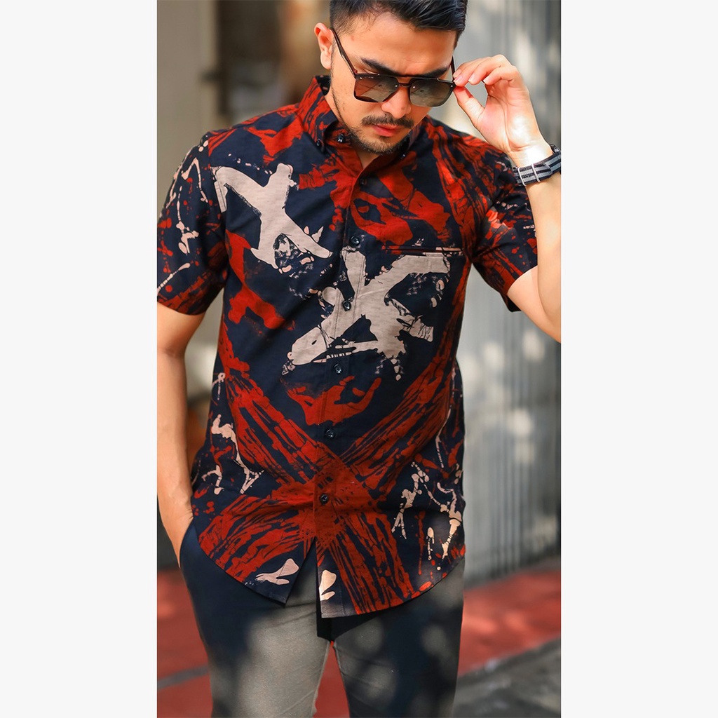 Hem Kemeja Baju Batik Pria Cowok Laki Laki Slimfit Lapis Furing Lengan Pendek Batik  Solo  39
