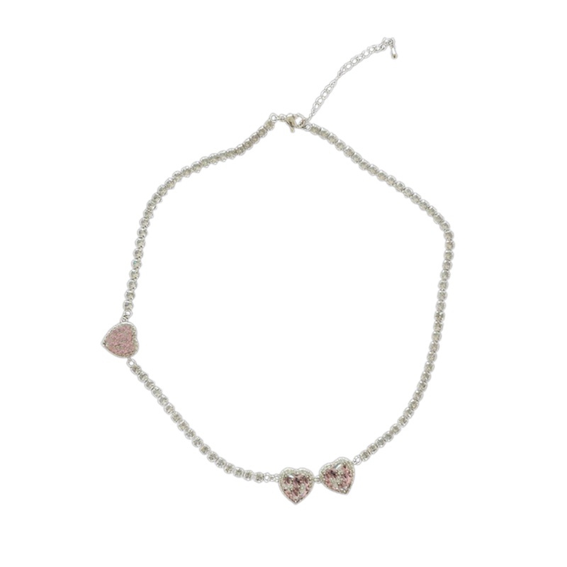 Kalung Rantai Klavikula Hias Hati Bahan Zirkon Warna Pink Gaya Korea Untuk Perempuan
