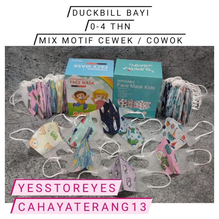 READY MASKER DUCKBILL CAREION ANAK BABY BAYI USIA 0 - 4 THN MIX MOTIF CEWEK / COWOK BOY GIRL FACE MASK KIDS DISPOSABLE