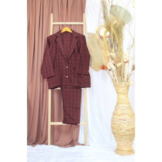 MIZU SET - Baju blazer setelan jas lucu dewasa semi woll perempuan cewe wanita ABG murah-Maroon