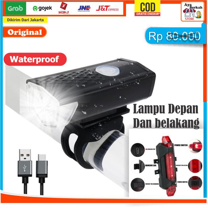 Paket 2in1 Lampu Sepeda LED Light Depan dan Belakang Rechargeable Charger Waterproof Murah JAKARTA