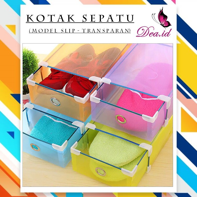 [DEASTORE] KOTAK SEPATU SLIDE - WARNA LIST METAL RING SUDUT - PLASTIK TRANSPARANT SHOE BOX