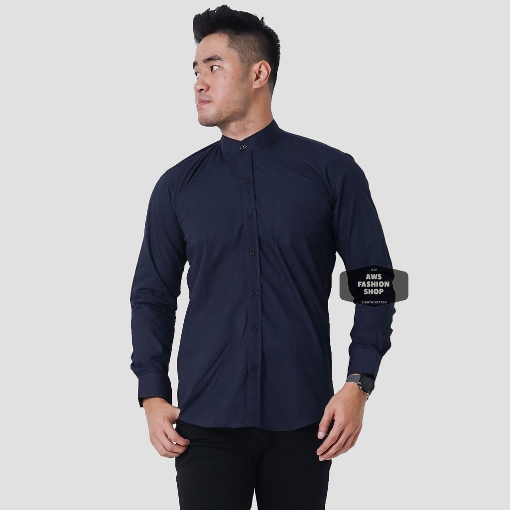 Kemeja Pria Lengan Panjang Polos Biru Navy Dark Blue Kerah Shanghai Koko Polos Slimfit Casual