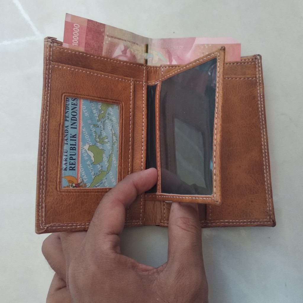 Dompet Pria 3/4 Berdiri Bahan Kulit Sintetis | Coklat | Dompet Murah