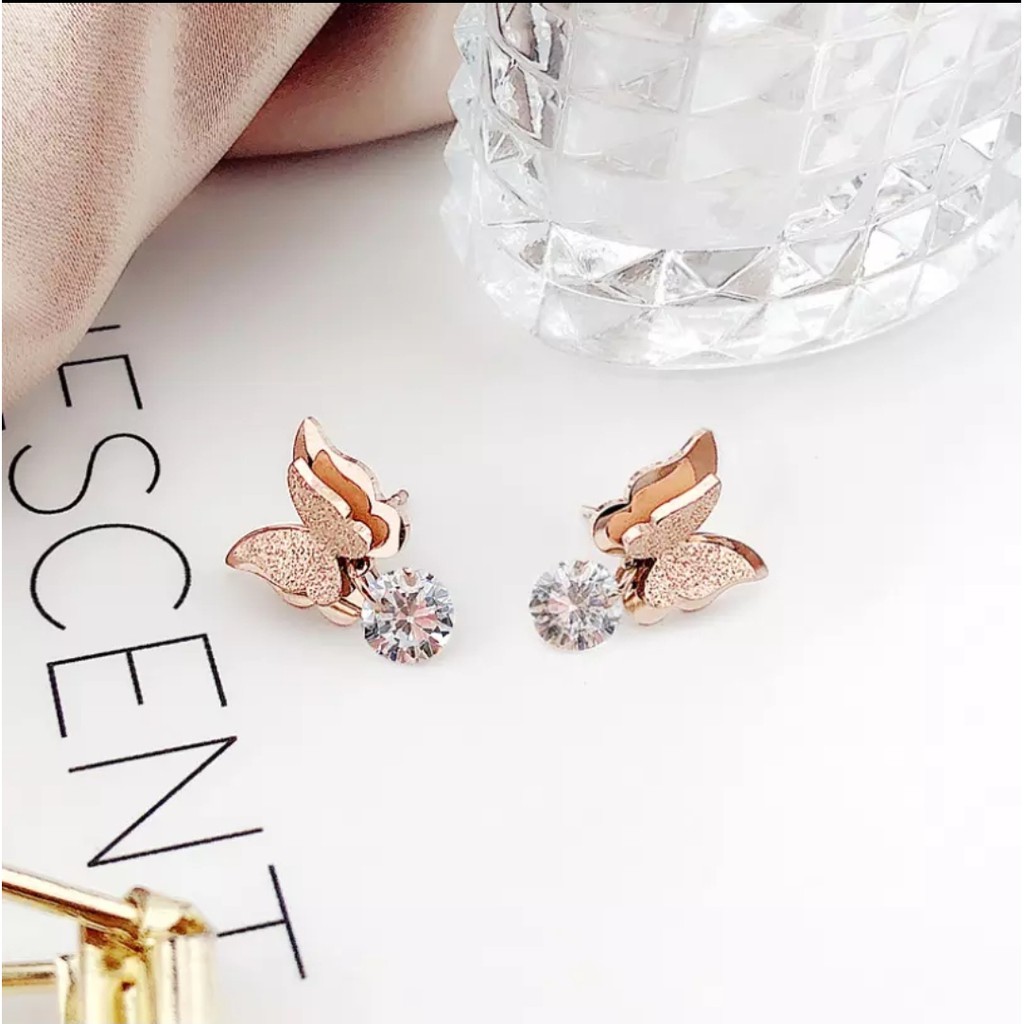 Anting Tusuk Titanium Kupu-Kupu Diamond Gantung Tersedia Warna Rosegold, Gold dan Silver